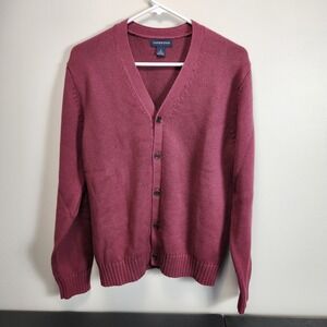 Lands End Mens Cardigan Sweater S Maroon Knit Cotton Grandpa Grunge Vneck